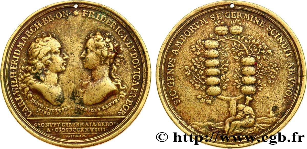 GERMANY - BRANDENBURG-ANSBACH Médaille, Mariage de Charles Guillaume Frédéric de Brandebourg-Ansbach et de Frédérique Louise de Prusse VF
