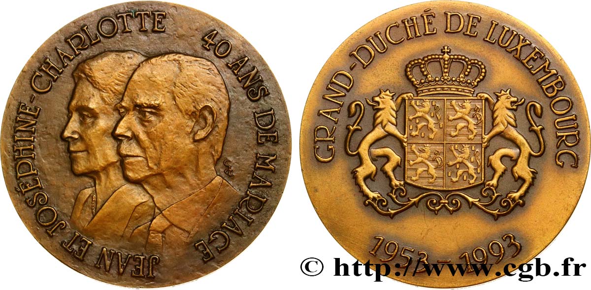 LUXEMBOURG - GRAND-DUCHÉ DE LUXEMBOURG - JEAN Médaille, Noces d’émeraude de Joséphine-Charlotte de Belgique et du Prince Jean, Grand Duc du Luxembourg AU