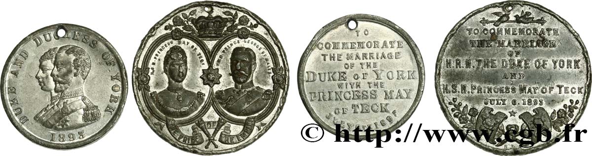 ANGLETERRE - GEORGES V Lot de 2 médailles, Mariage de la Princesse Victoria de teck avec le Prince George, duc d’York TTB