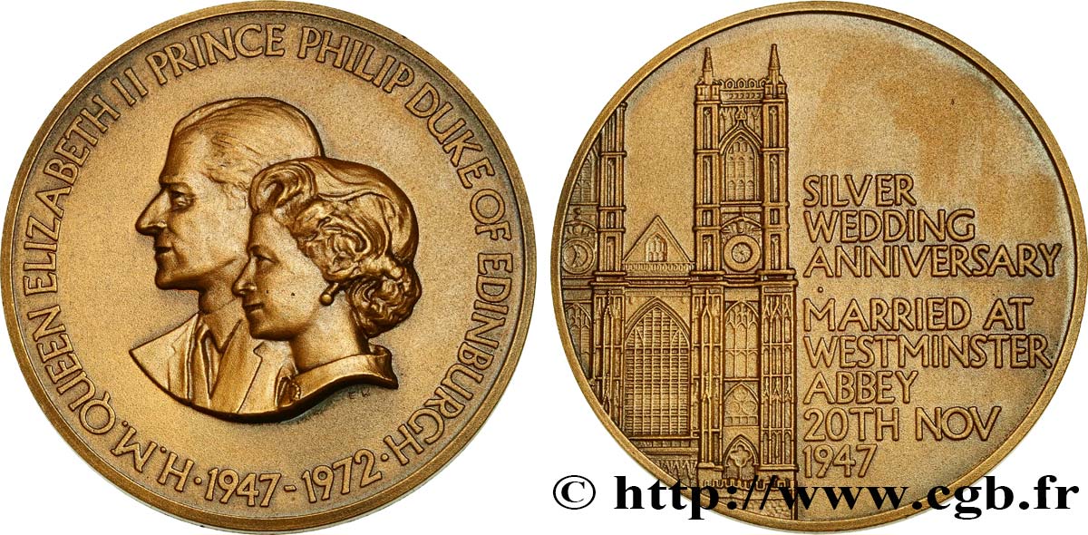 GRANDE-BRETAGNE - ÉLISABETH II Médaille, Noces d’argent de la Reine Elisabeth TTB+