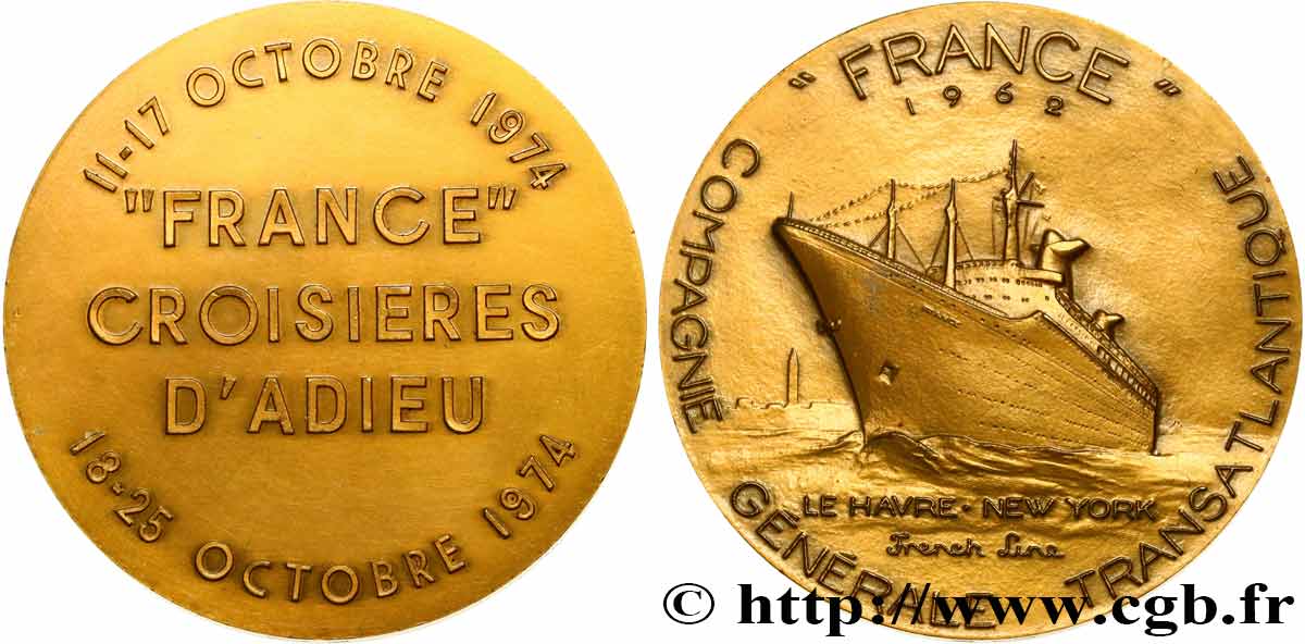 CINQUIÈME RÉPUBLIQUE Médaille, Paquebot France, Croisières d’adieu TTB+