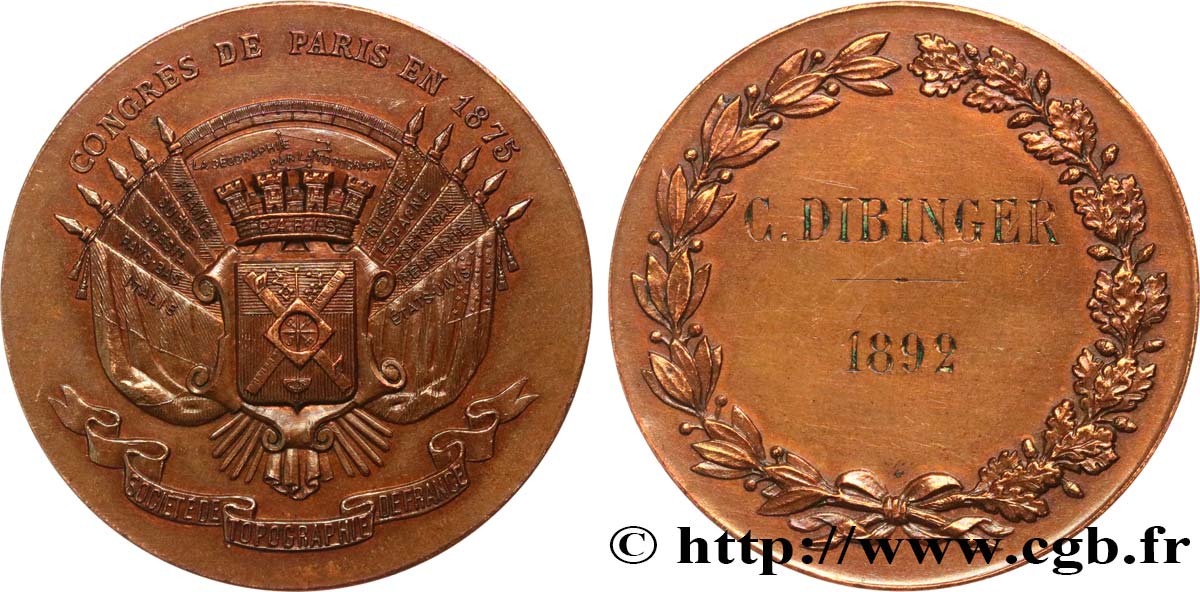 TERZA REPUBBLICA FRANCESE Médaille de récompense, Congrès de Paris, Société de topographie de France BB