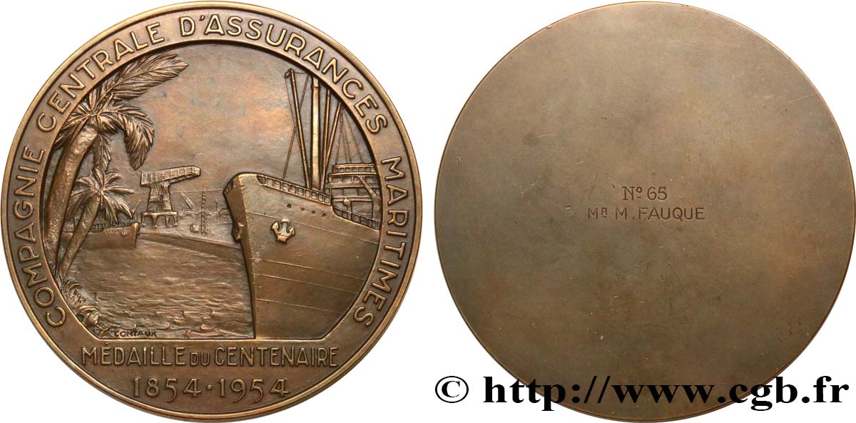 QUATRIÈME RÉPUBLIQUE Médaille, Centenaire de la Compagnie centrale d’assurances maritimes TTB+