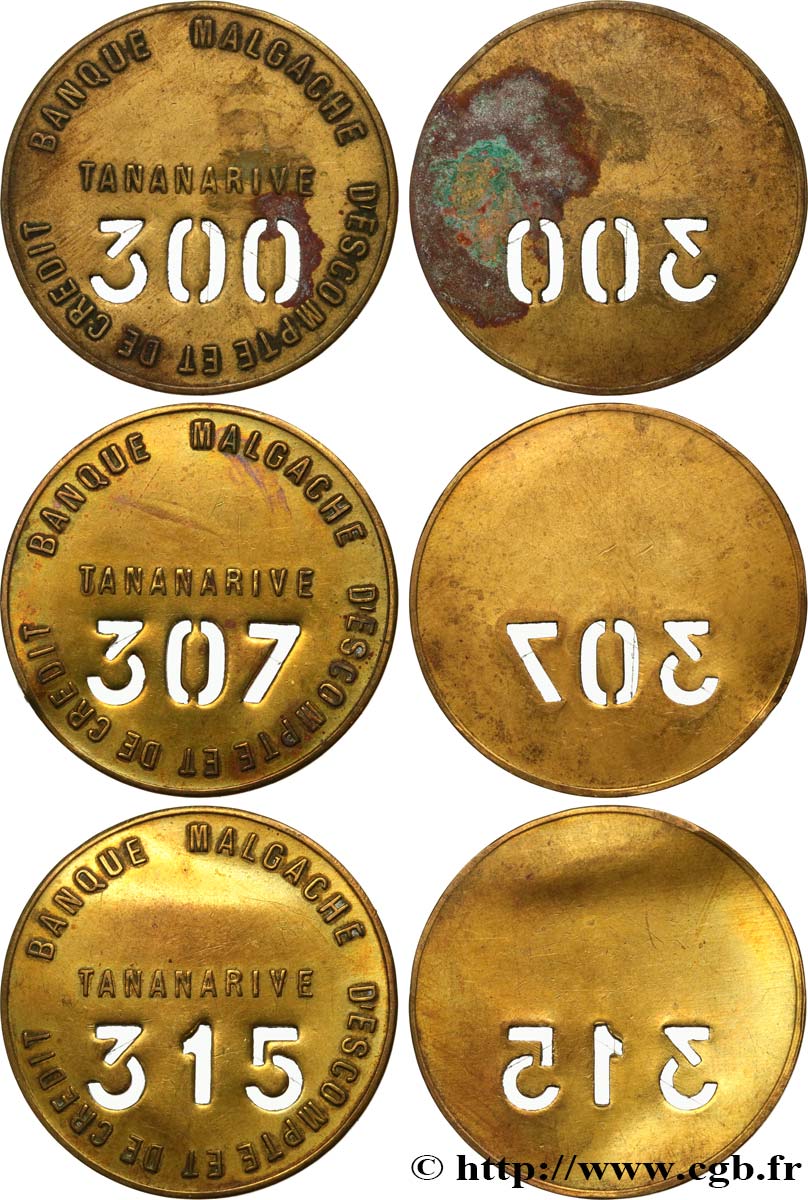 MADAGASCAR Plaques de commissionnaire uniface n°300, n°307 et n°315, lot de 3 ex. TTB