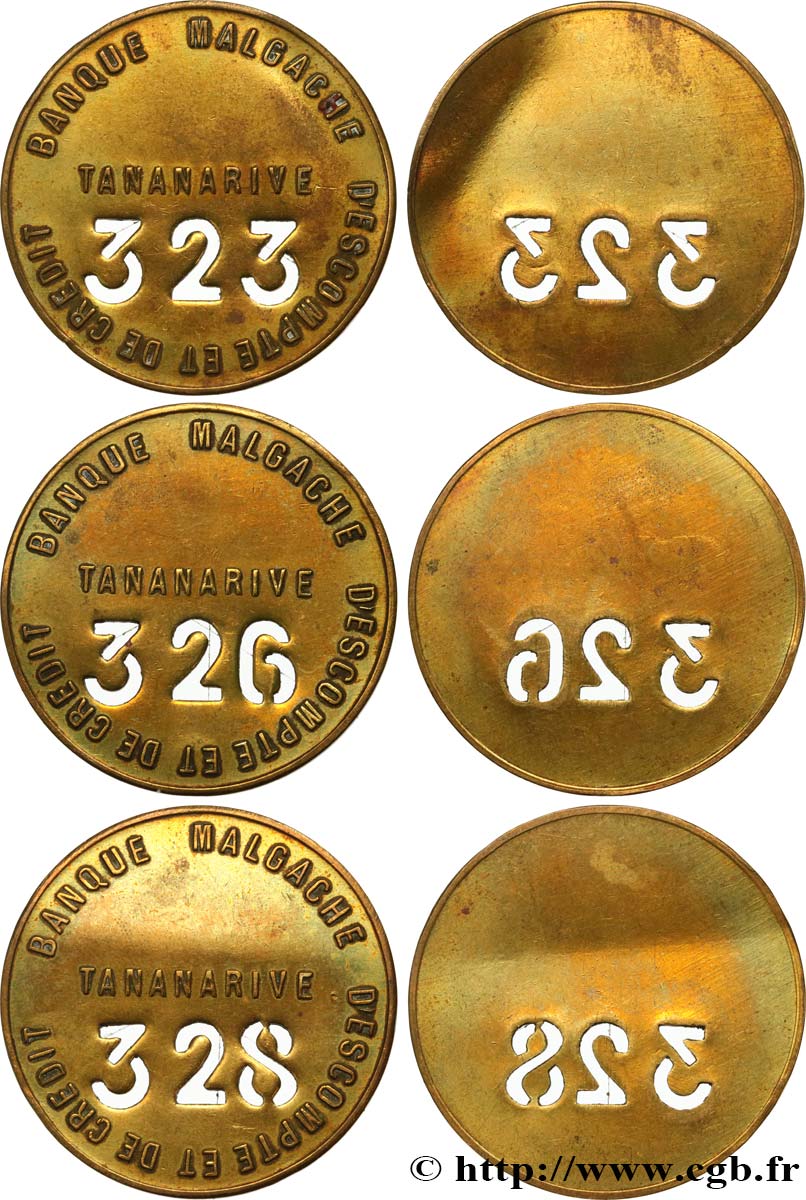 MADAGASCAR Plaques de commissionnaire uniface n°323, n°327 et n°328, lot de 3 ex. BB