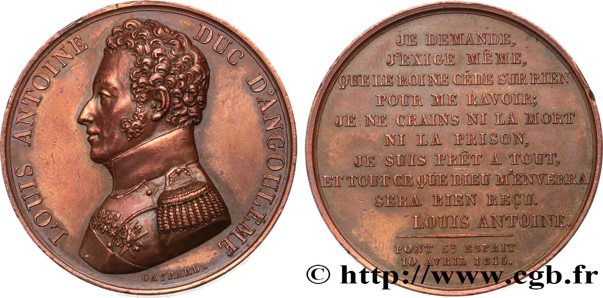 LES CENT JOURS / THE HUNDRED DAYS Médaille, Déclaration du duc d’Angoulême XF