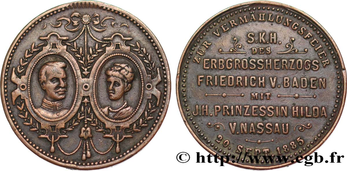 ALLEMAGNE - GRAND DUCHÉ DE BADE - FRÉDÉRIC II Médaille, Mariage de Frédéric II et Hilda de Nassau TTB