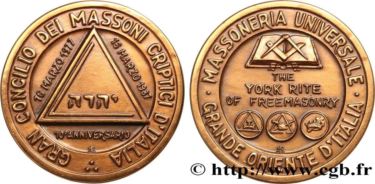 FREEMASONRY Médaille, 10e anniversaire, Grand conseil des maçons cryptiques d’Italie AU