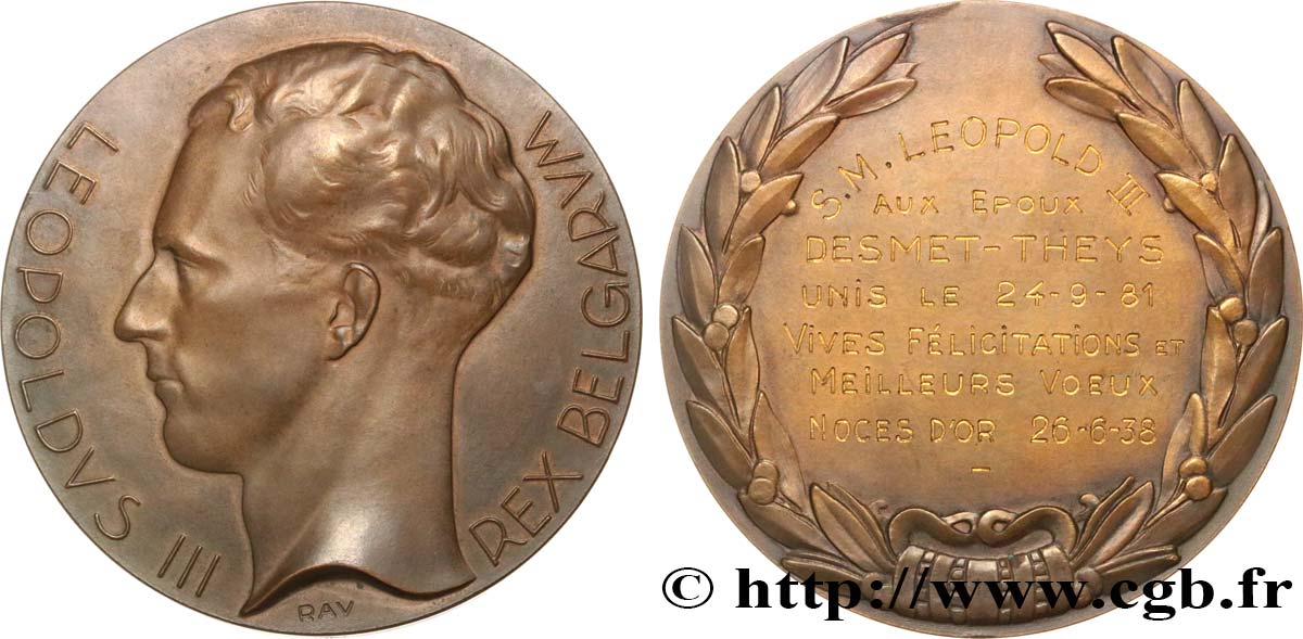 BELGIQUE - ROYAUME DE BELGIQUE - RÈGNE DE LÉOPOLD III Médaille, Noces d’or des époux Desmet-Theys, offerte par le roi MBC+