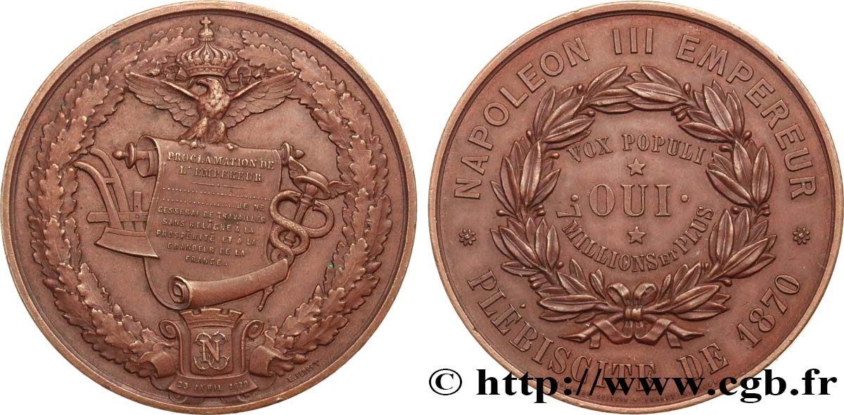 SECOND EMPIRE Médaille, Plébiscite 1870 SUP