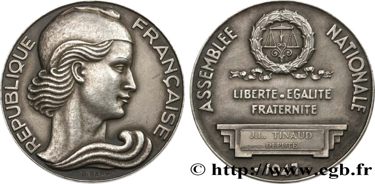 QUATRIÈME RÉPUBLIQUE Médaille parlementaire, Assemblée Nationale, Jean-Louis Tinaud SUP