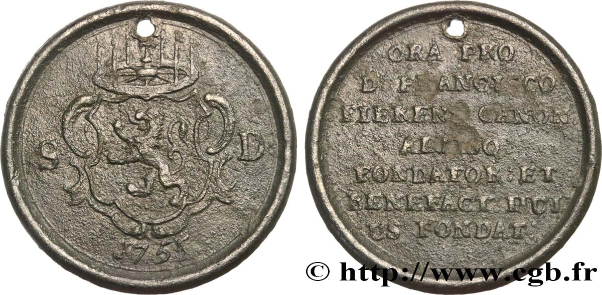 BELGIO Médaille, Mereau, Jeton de dispense / bienfaisance du fondateur Franciscus Fierens, du chapitre St-Donaas à Bruges q.BB