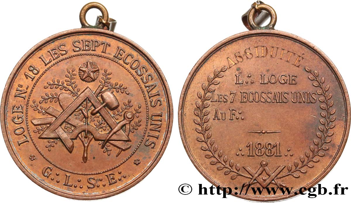 FREEMASONRY Médaille d’assiduité, Loge n°18, Les sept Écossais Unis AU
