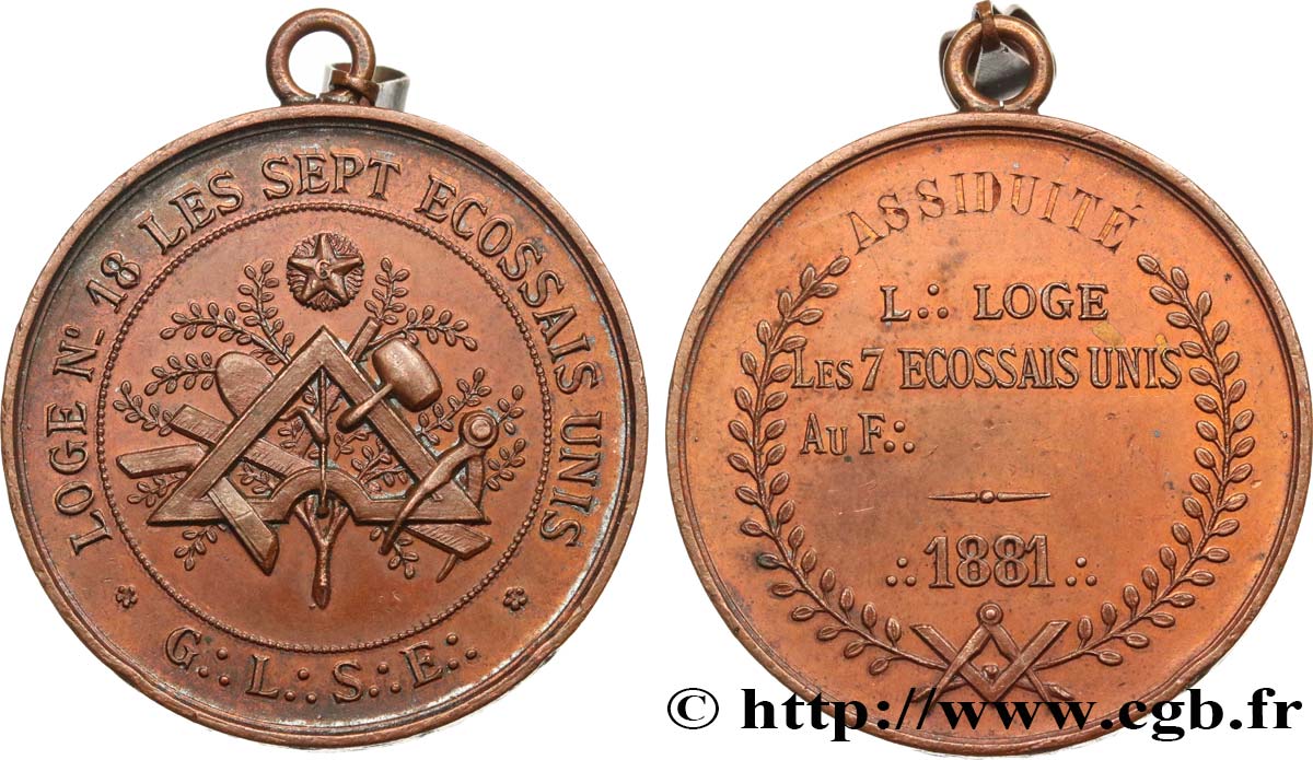 FRANC-MAÇONNERIE - PARIS Médaille d’assiduité, Loge n°18, Les sept Écossais Unis MBC+