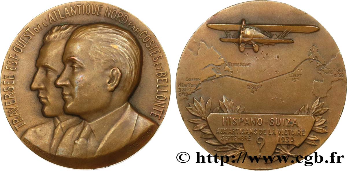 TERCERA REPUBLICA FRANCESA Médaille, Hispano-Suiza, Traversée Est-Ouest de l’Atlantique Nord MBC+