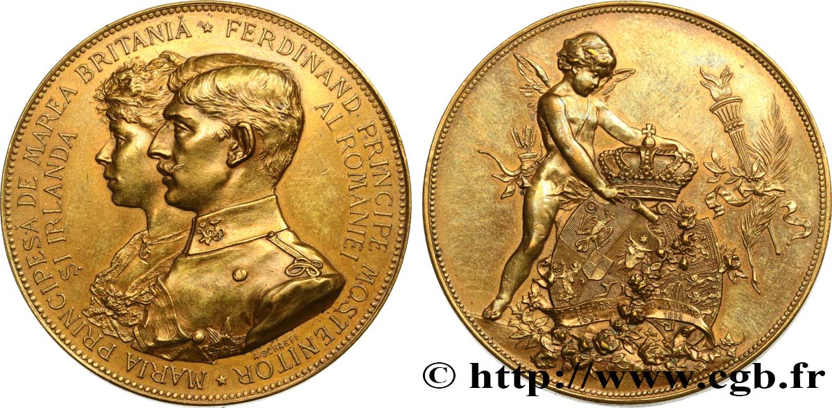 ROMANIA - CHARLES I Médaille, Mariage du dauphin Ferdinand de Roumanie et Marie d’Edimbourg fVZ