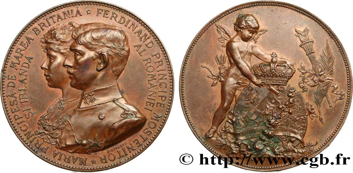ROMANIA - CHARLES I Médaille, Mariage du dauphin Ferdinand de Roumanie et Marie d’Edimbourg fVZ