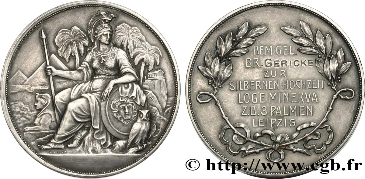 GERMANY Médaille maçonnique, Noces d’argent du Frère Gericke, Loge Minerve aux trois palmiers AU