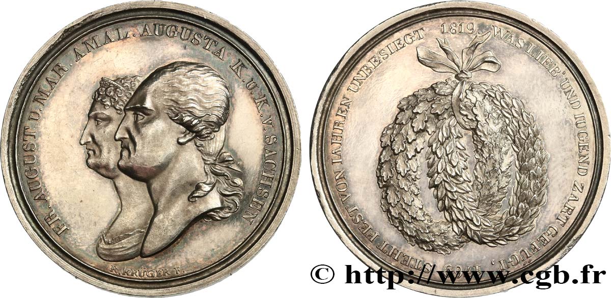 ALLEMAGNE - ROYAUME DE SAXE - FRÉDÉRIC-AUGUSTE Médaille, Noces d’or de Frédéric-Auguste Ier de Saxe et de Marie Amélie TTB+