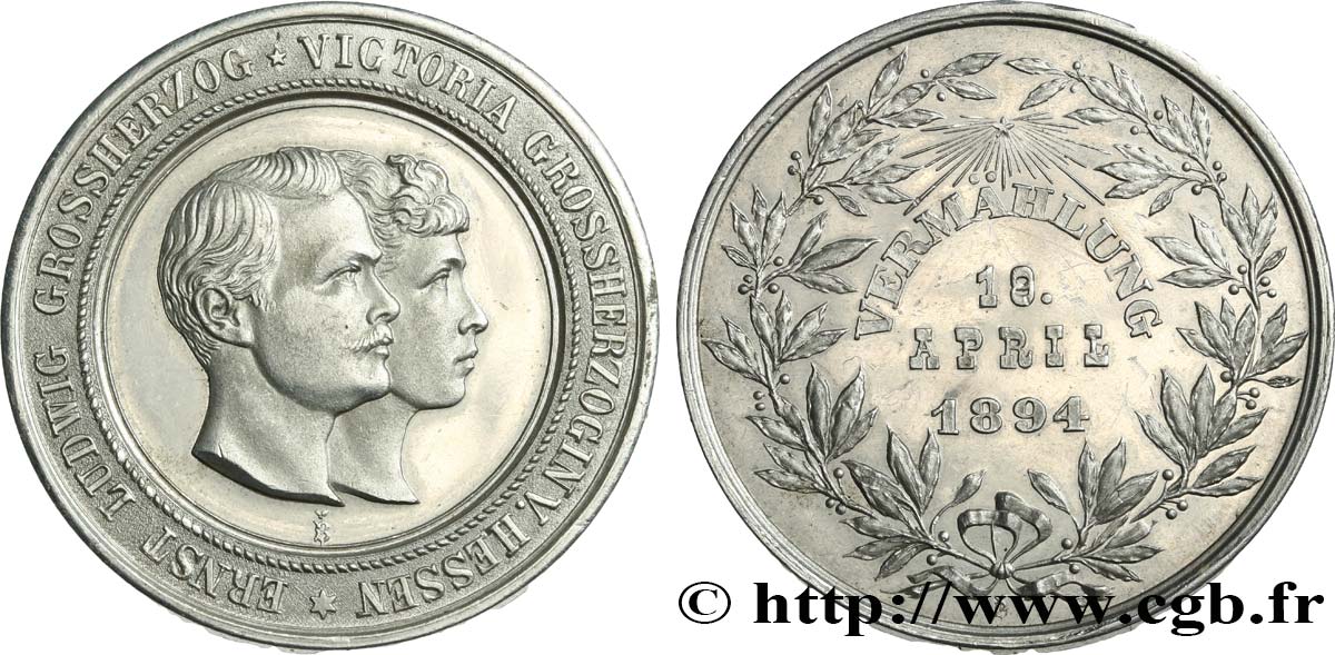 ALLEMAGNE - GRAND-DUCHÉ DE HESSE - ERNEST-LOUIS Médaille, Mariage d’Ernest-Louis de Hesse et Victoria Mélita de Saxe-Cobourg-Gotha SPL