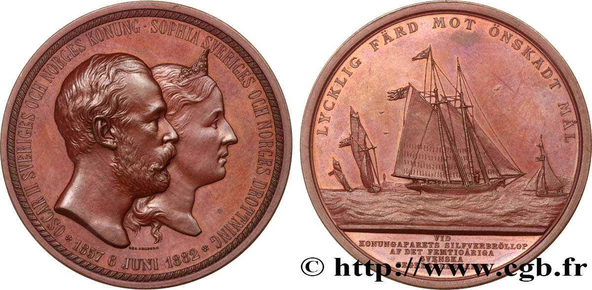 SUECIA - REINO DE SUECIA - OSCAR II Médaille, Régate de voiliers, Noces d’argent d’Oscar II et Sophie de Nassau MBC+/EBC