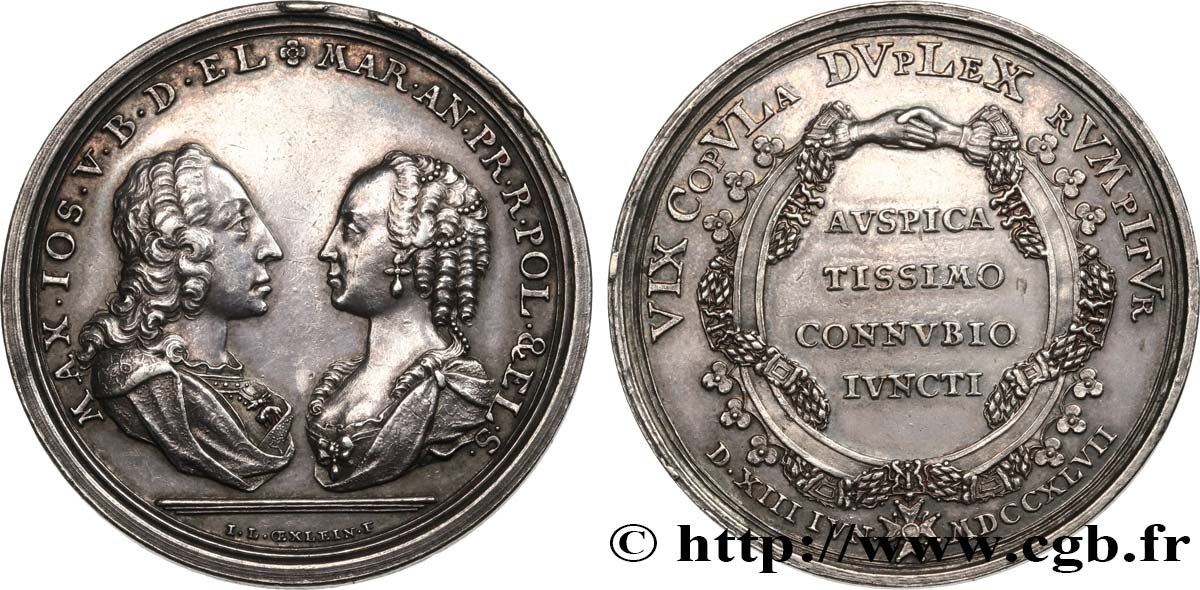 ALLEMAGNE - ÉLECTORAT DE BAVIÈRE - MAXIMILIEN III JOSEPH Médaille, Mariage de Marie-Anna de Saxe et Maximilien III de Bavière TTB+