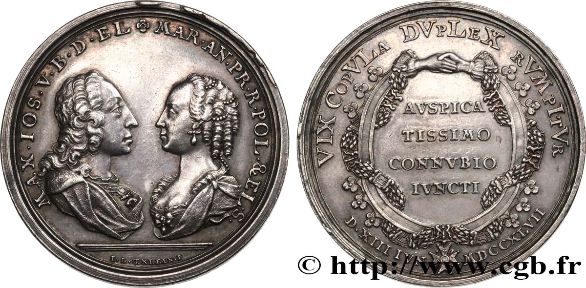 GERMANIA - ELETTORADO DI BAVIERA - MASSIMILIANO III GIUSEPPE Médaille, Mariage de Marie-Anna de Saxe et Maximilien III de Bavière q.SPL