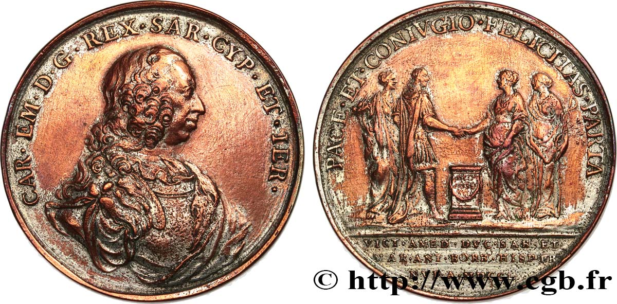 ITALIA - REGNO DE CERDEÑA - CARLOS MANUEL III Médaille, Mariage de Charles Emmanuel III de Sardaigne et Marie-Antoinette d’Espagne BC+