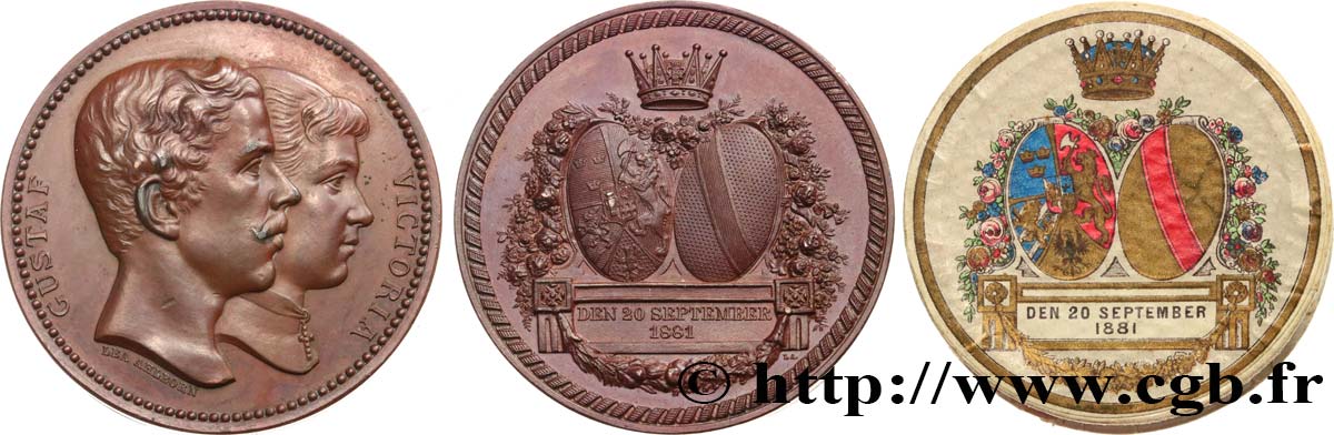 SUÈDE - GUSTAVE V Médaille, Mariage de Sophie Victoria de Bade avec Gustav, prince héritier de Suède AU/AU