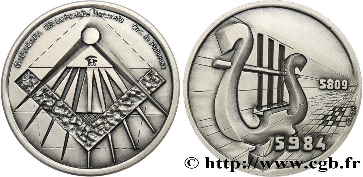 FRANC-MAÇONNERIE - PARIS Médaille, La Parfaite Harmonie, 175e anniversaire VZ