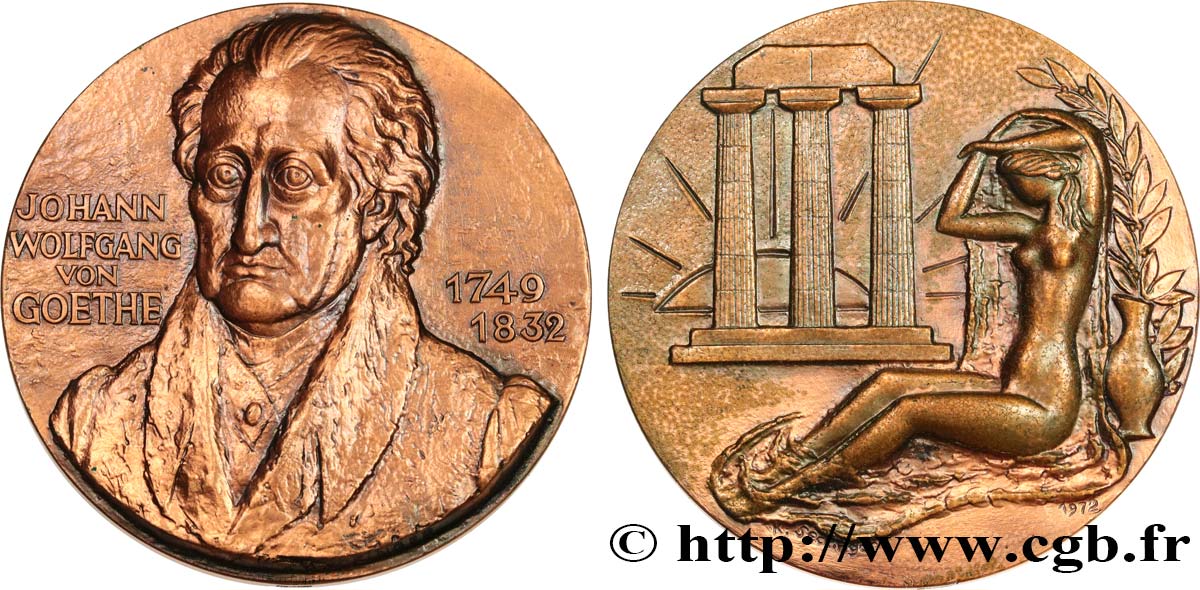 LITTÉRATURE : ÉCRIVAINS/ÉCRIVAINES - POÈTES Médaille, Johann Wolfgang von Goethe, 140e anniversaire de sa mort TTB+/TTB