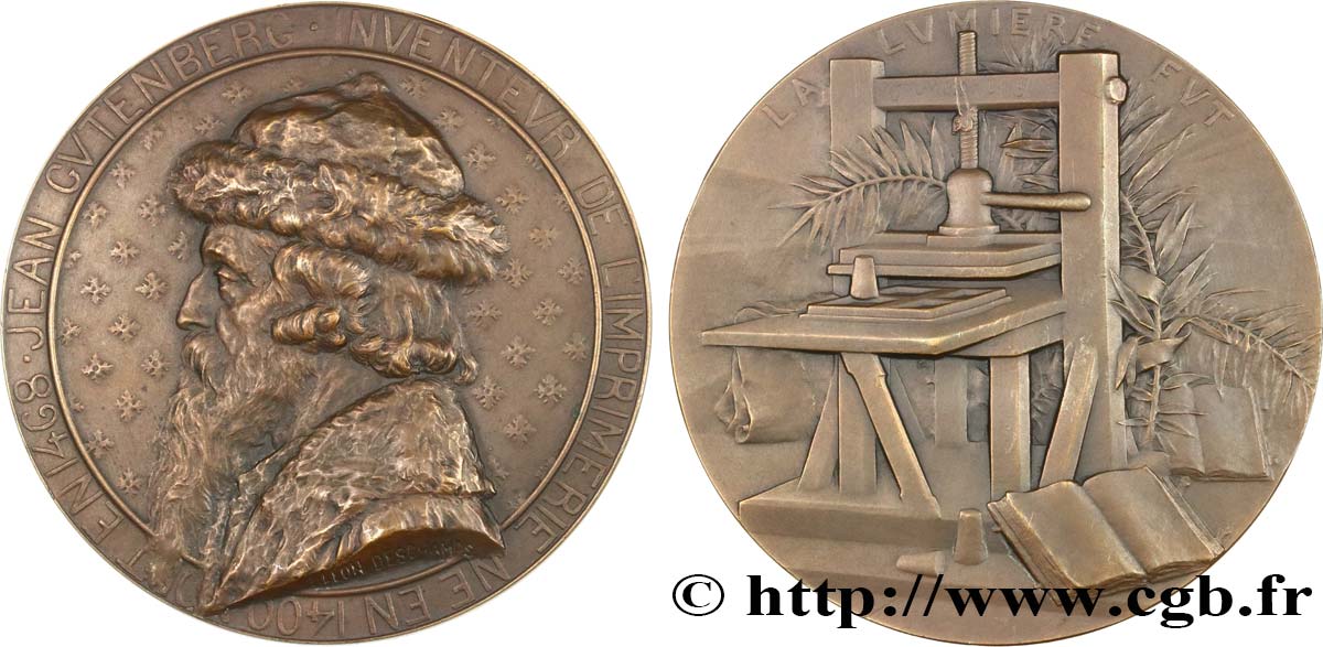 IMPRIMERIE ET PAPETERIE Médaille, Jean Gutenberg, inventeur de l’imprimerie TTB+