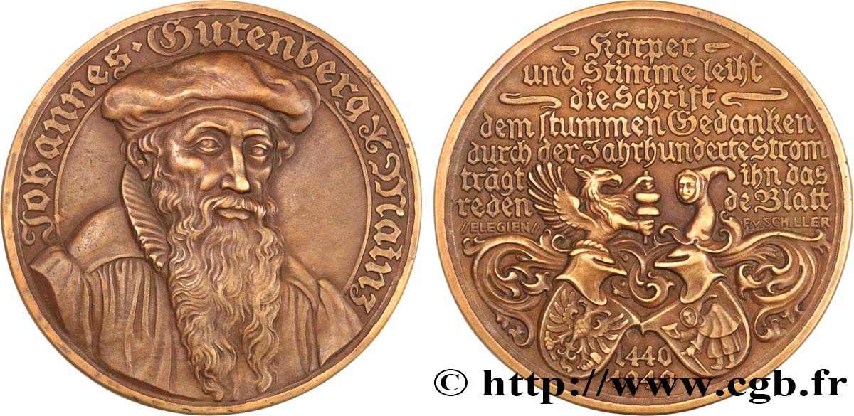 IMPRIMERIE ET PAPETERIE Médaille, Jean Gutenberg, 400e anniversaire de l’invention de l’imprimerie TTB+