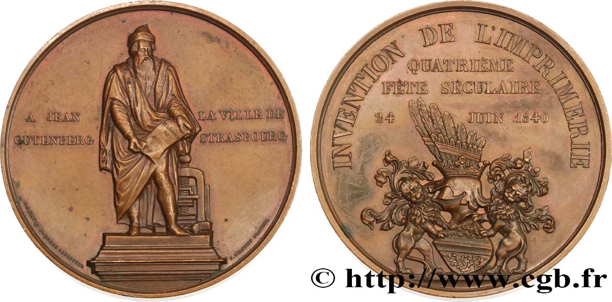 LOUIS-PHILIPPE Ier Médaille, Jean Gutenberg, 400e anniversaire de l’invention de l’imprimerie TTB+