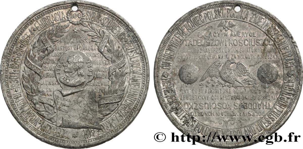 POLOGNE Médaille, Tadeusz Kościuszko, Centenaire de l’insurrection contre la domination russe et prussienne TTB