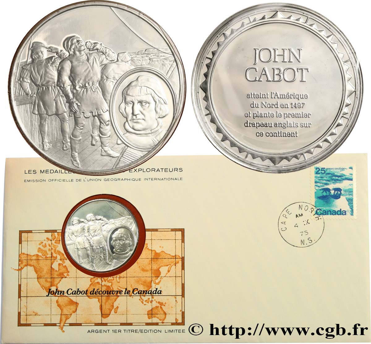 THE GREAT EXPLORERS  MEDALS Enveloppe “Timbre médaille”, John Cabot découvre le Canada SC