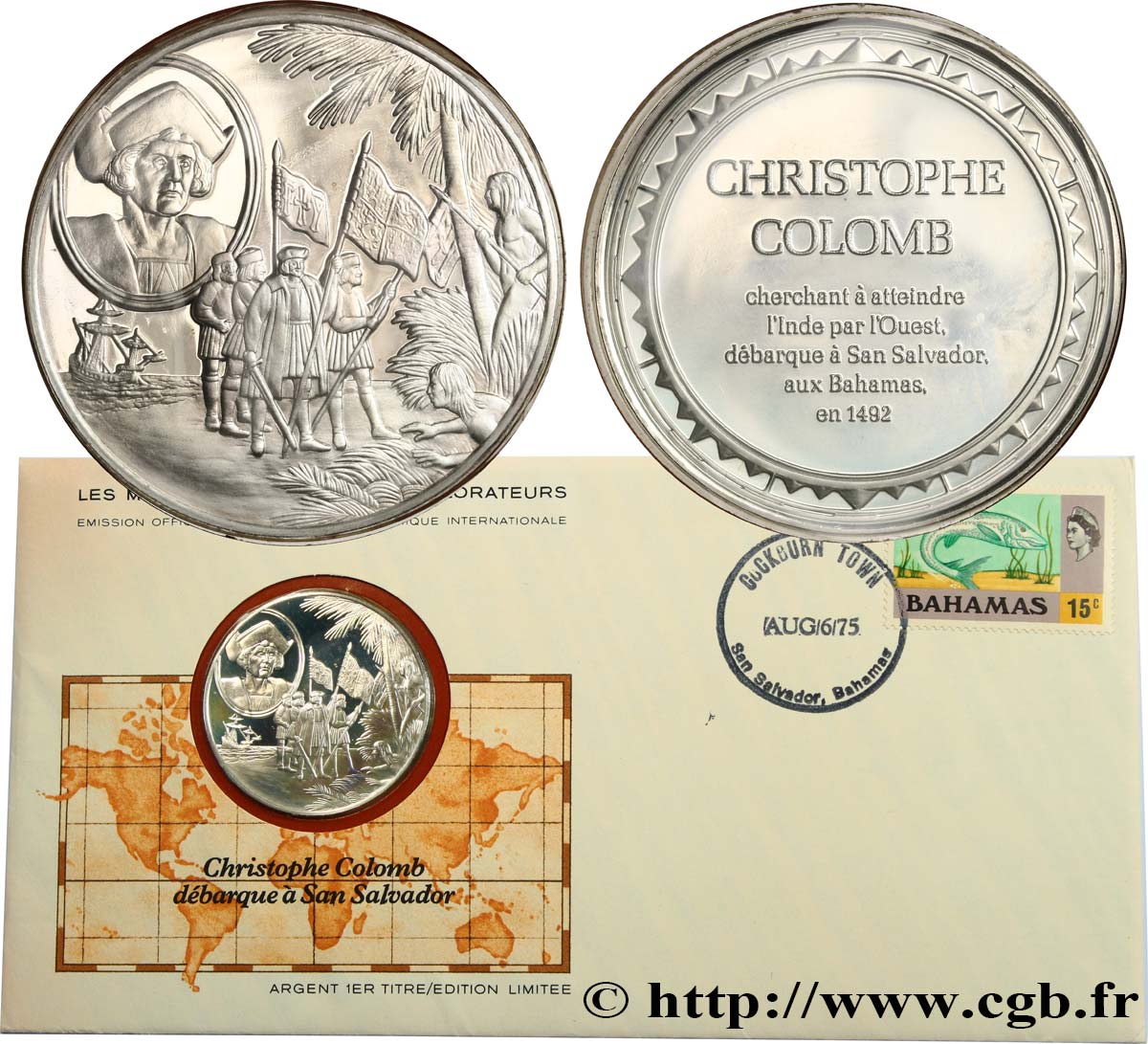THE GREAT EXPLORERS  MEDALS Enveloppe “Timbre médaille”, Christophe Colomb débarque à San Salvador fST
