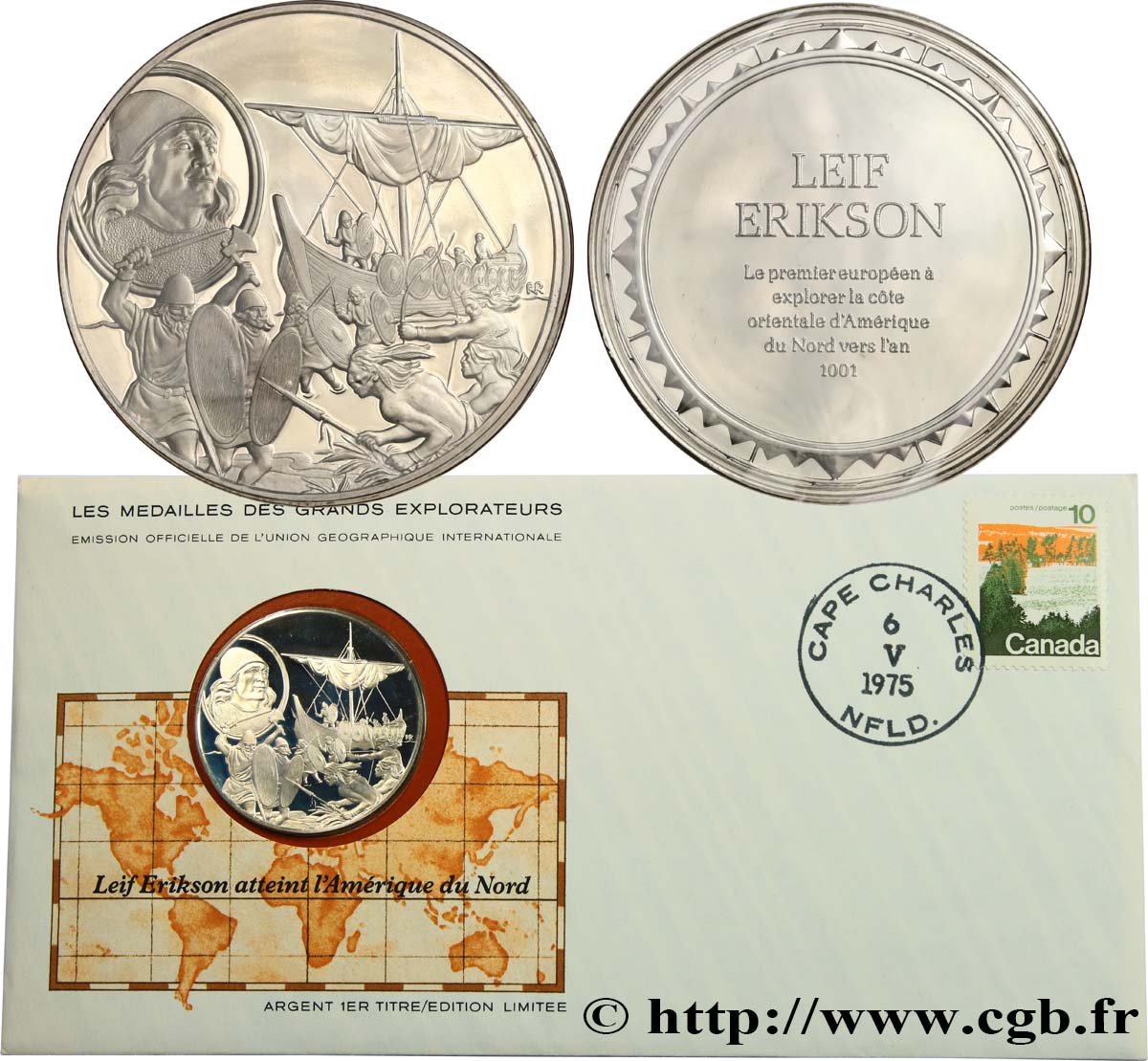 LES MÉDAILLES DES GRANDS EXPLORATEURS Enveloppe “Timbre médaille”, Leif Erikson atteint l’Amérique du Nord SPL