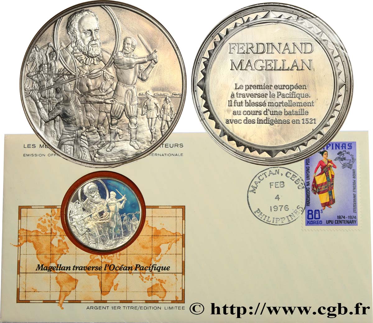 THE GREAT EXPLORERS  MEDALS Enveloppe “Timbre médaille”, Magellan traverse l’Océan Pacifique MS