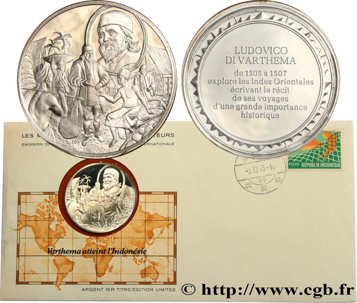 THE GREAT EXPLORERS  MEDALS Enveloppe “Timbre médaille”, Varthema atteint l’Indonésie SC
