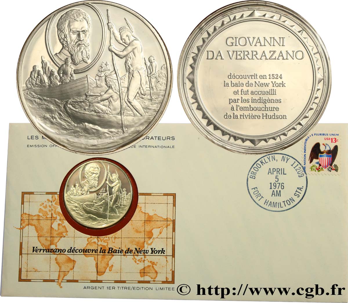LES MÉDAILLES DES GRANDS EXPLORATEURS Enveloppe “Timbre médaille”, Verrazano découvre la Baie de New York SPL