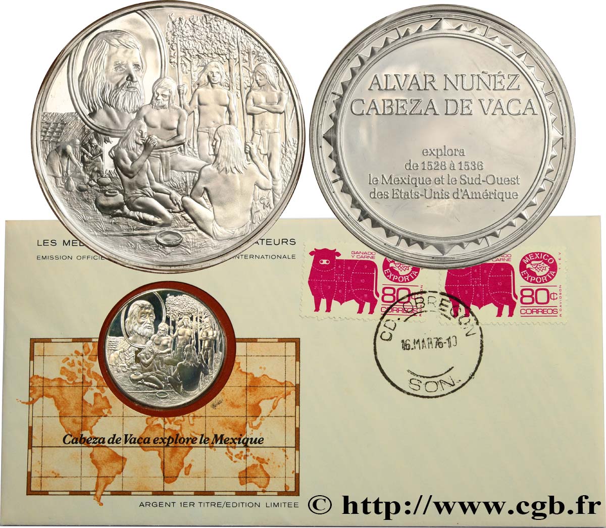LES MÉDAILLES DES GRANDS EXPLORATEURS Enveloppe “Timbre médaille”, Cabeza de Vaca explore le Mexique SPL