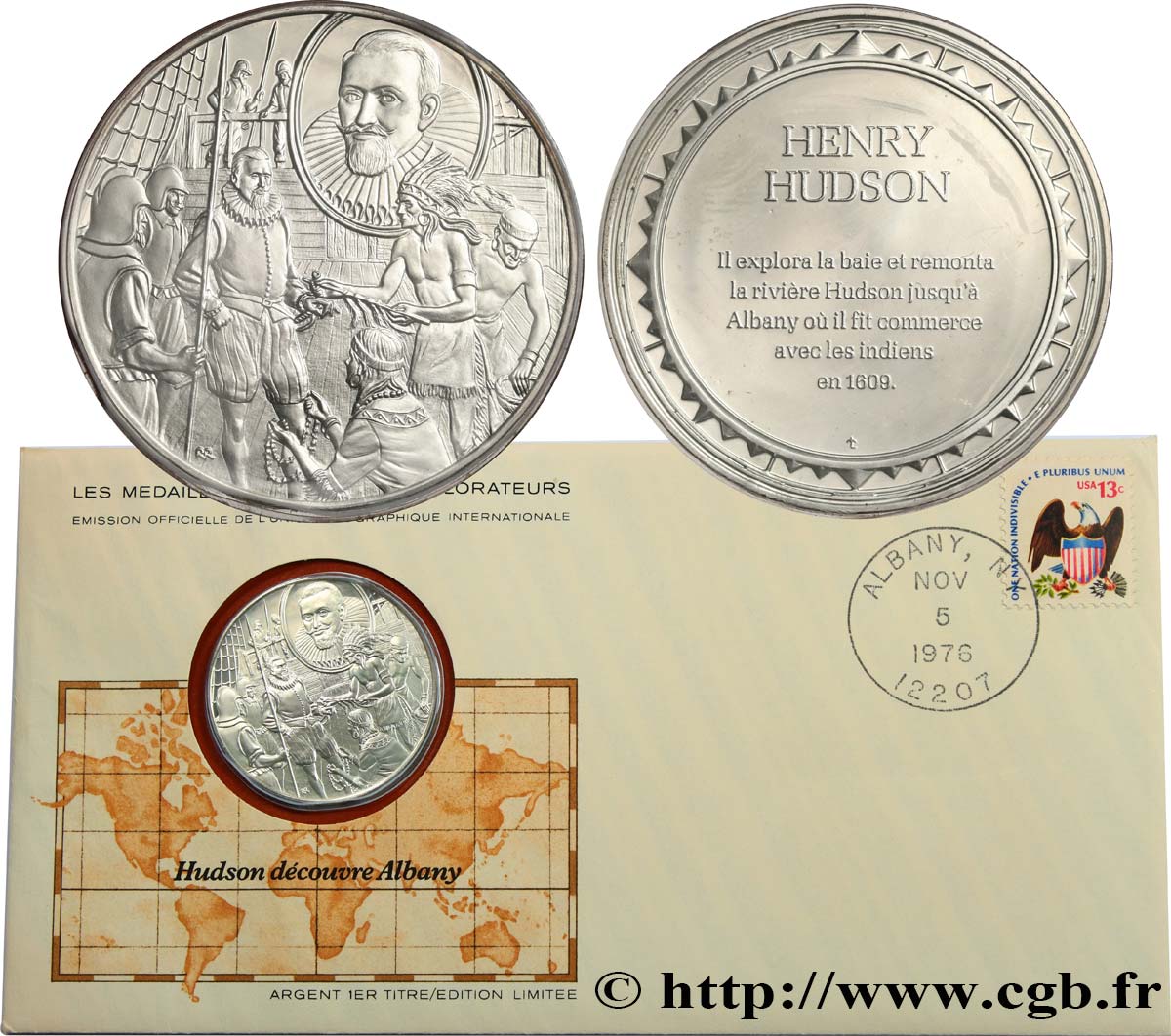 LES MÉDAILLES DES GRANDS EXPLORATEURS Enveloppe “Timbre médaille”, Hudson découvre Albany SPL
