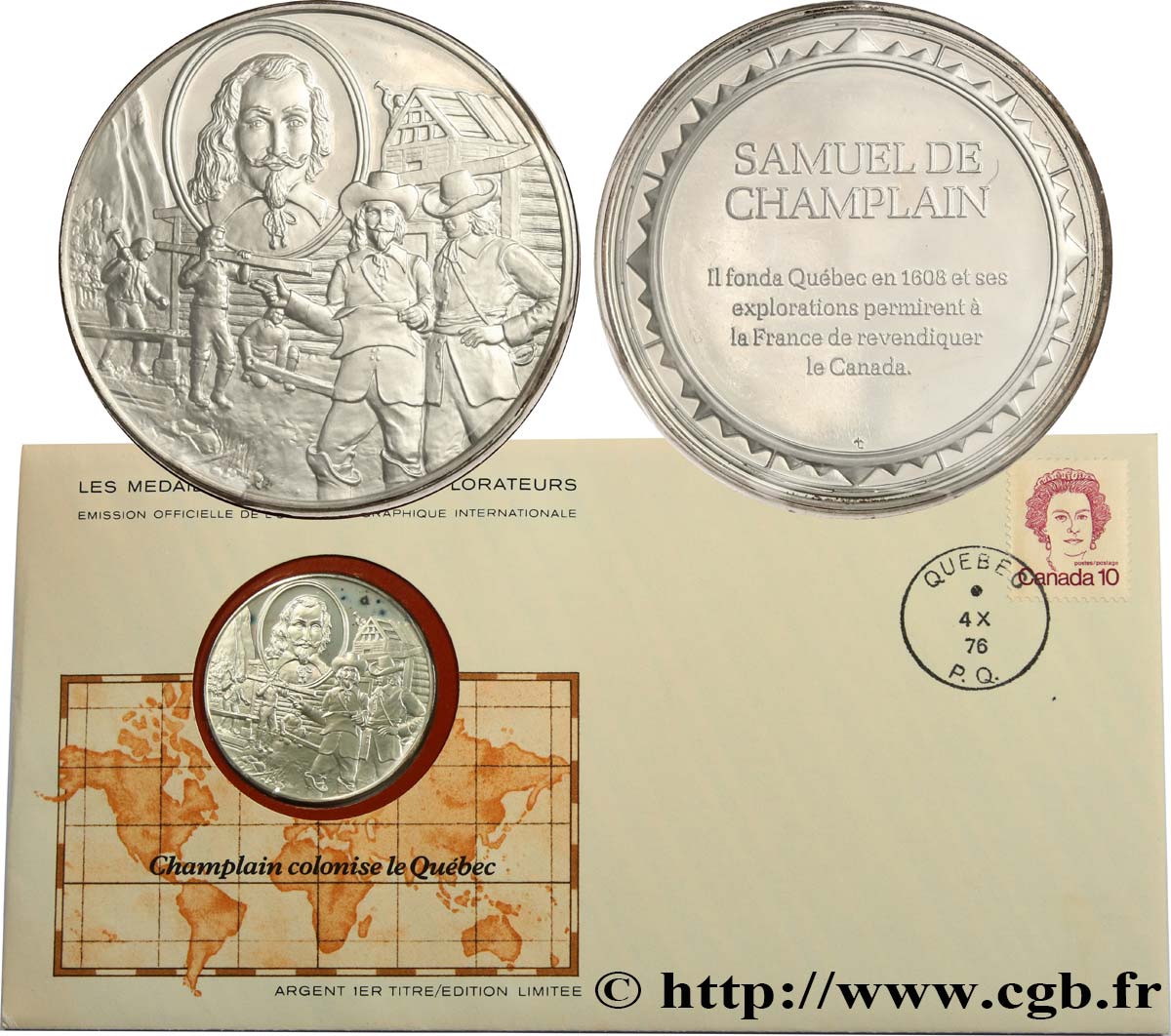 THE GREAT EXPLORERS  MEDALS Enveloppe “Timbre médaille”, Champlain colonise le Québec SC