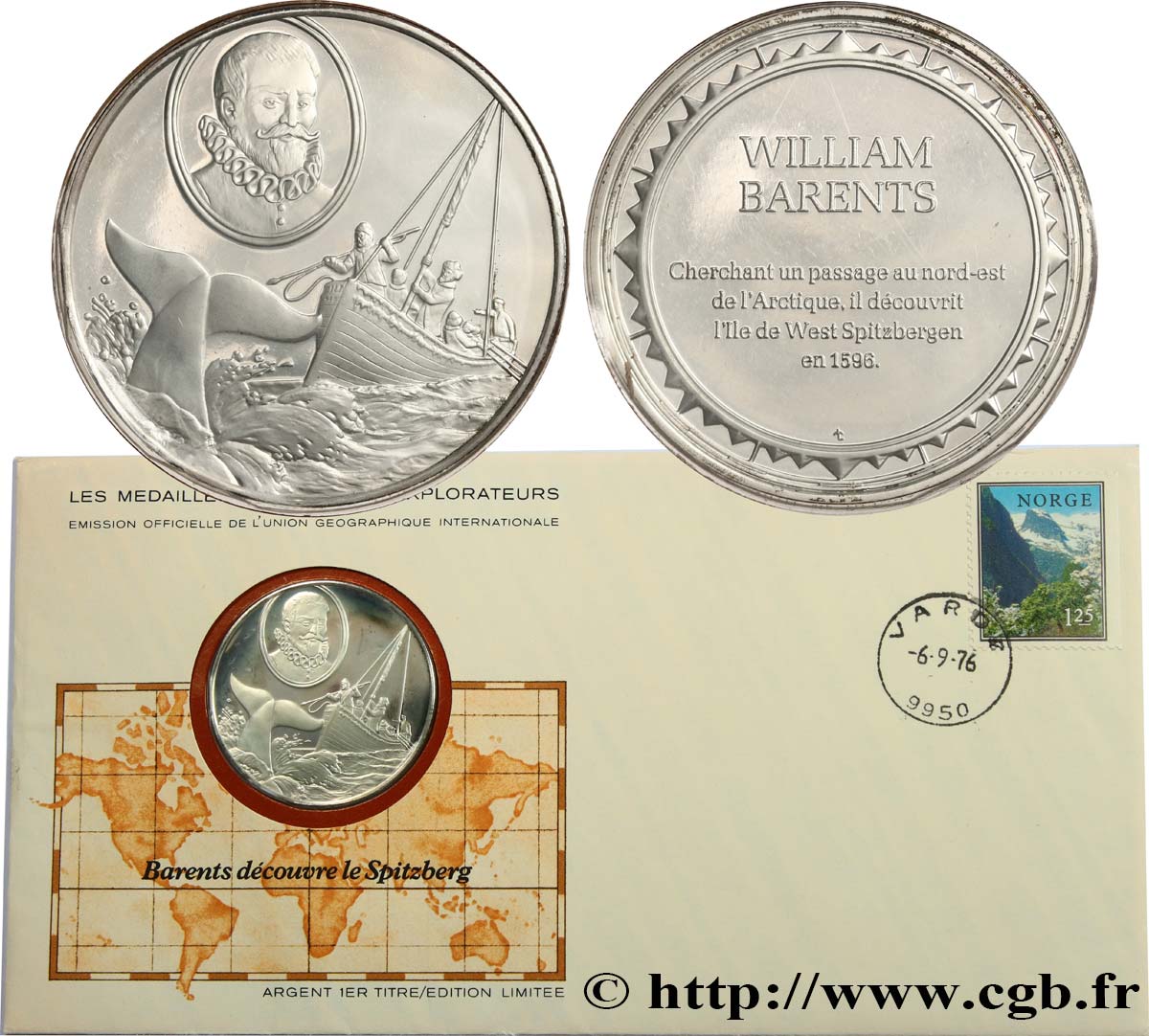THE GREAT EXPLORERS  MEDALS Enveloppe “Timbre médaille”, Barents découvre le Spitzberg MS