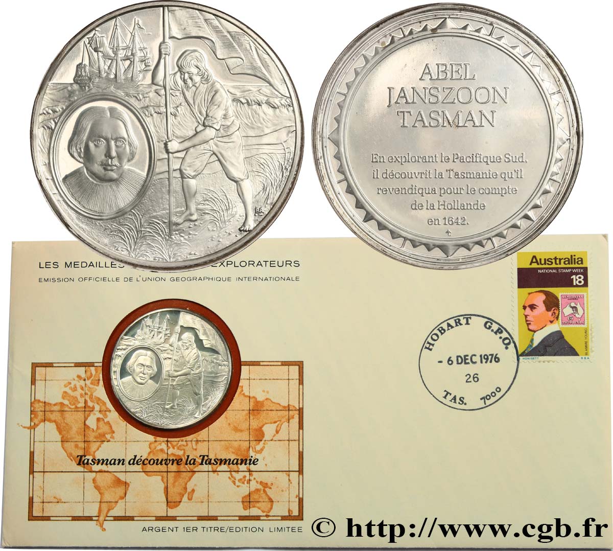 THE GREAT EXPLORERS  MEDALS Enveloppe “Timbre médaille”, Tasman découvre la Tasmanie MS
