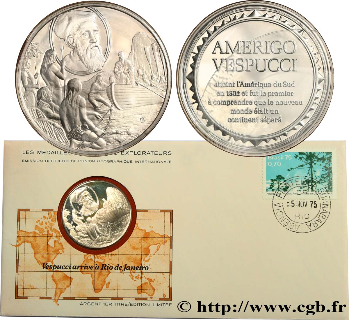 THE GREAT EXPLORERS  MEDALS Enveloppe “Timbre médaille”, Vespucci arrive à Rio de Janeiro MS
