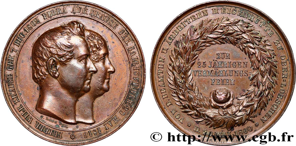 DEUTSCHLAND Médaille, Noces d’argent de Frédéric Guillaume Grause et Fleur Augustine née Gallisch SS