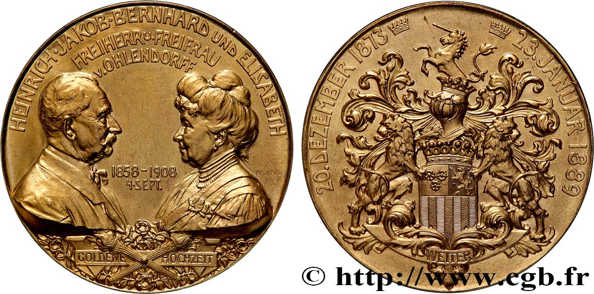 DEUTSCHLAND Médaille, Noces d’or de Jacob Heinrich Bernhard et Elisabeth Freiherr von Ohlendorffle fVZ