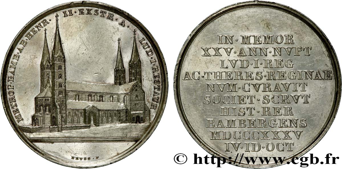 ALLEMAGNE - ROYAUME DE BAVIÈRE - LOUIS Ier Médaille, Noces d’argent de Louis Ier de Bavière et de son épouse Thérère SPL